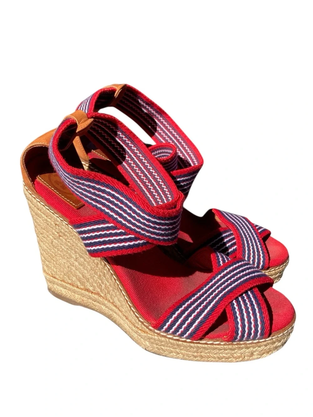 Tory Burch Red Navy Striped Espadrille Wedge Sandals Size 8 Canvas